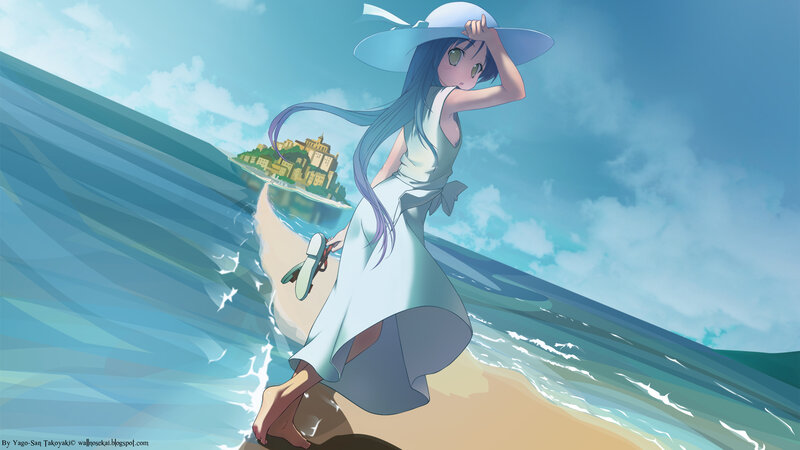 Anime girl on beach with island