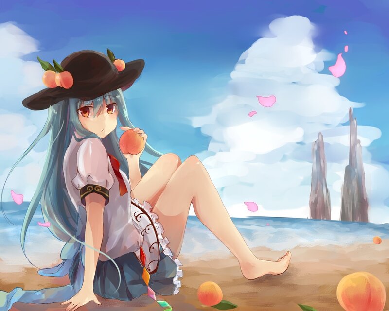 Anime girl on beach with peaches