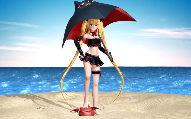 anime girl on beach with umbrella