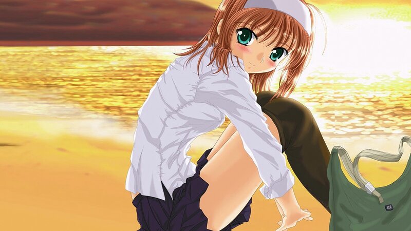 Anime Girl on Beach — Yellow, Serene, Sunset