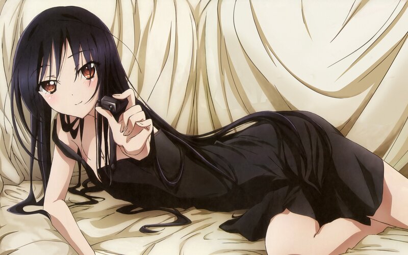 Anime Girl on Bed — Black, Calm, Camera, Black Dress