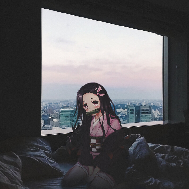 Anime Girl on Bed — Black, Calm, Sunset