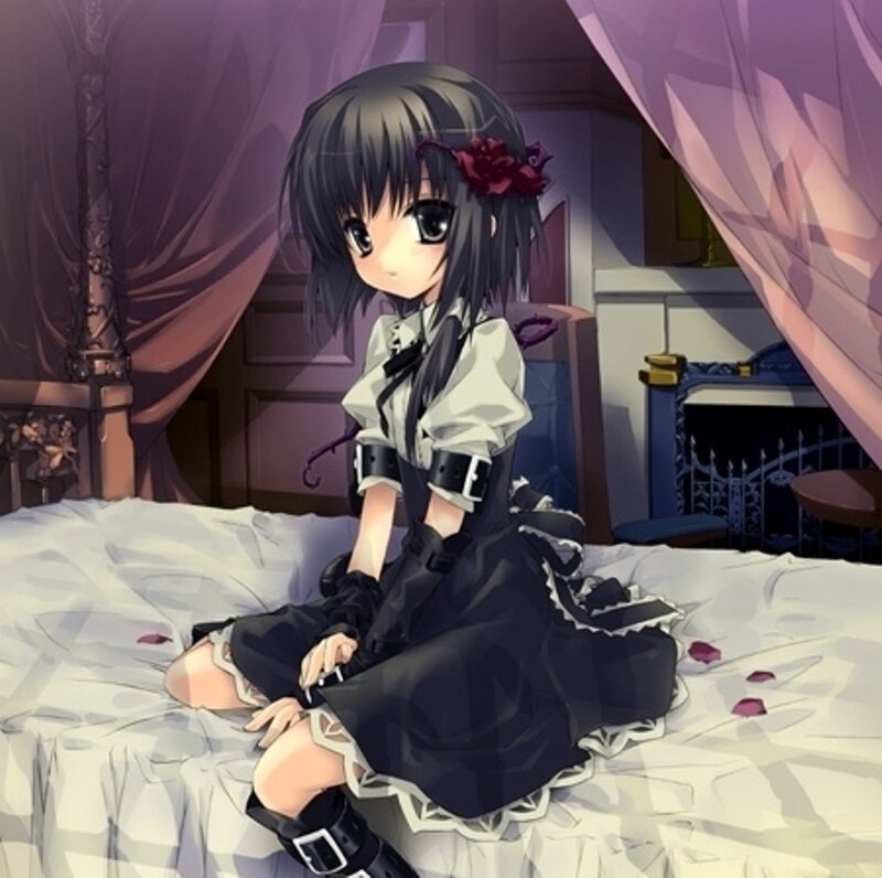 Anime Girl on Bed — Black, Calm