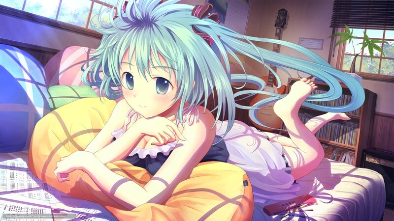 Anime Girl on Bed — Blue, Calm, Afternoon, Digital Art, Guitar