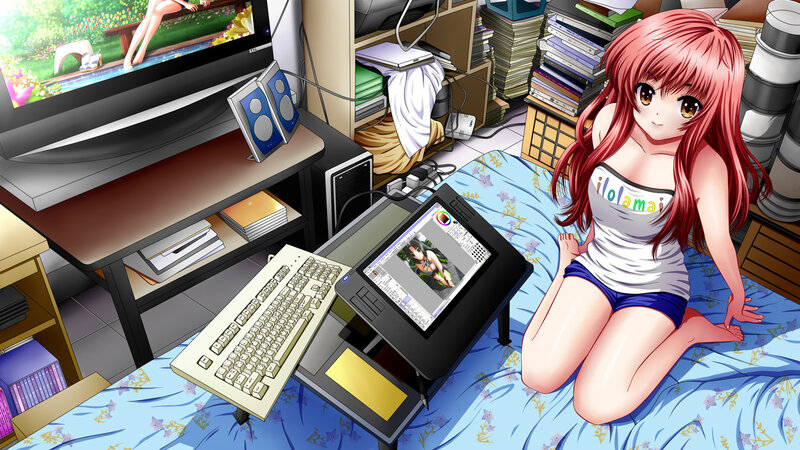 Anime Girl on Bed — Blue, Calm, Computer