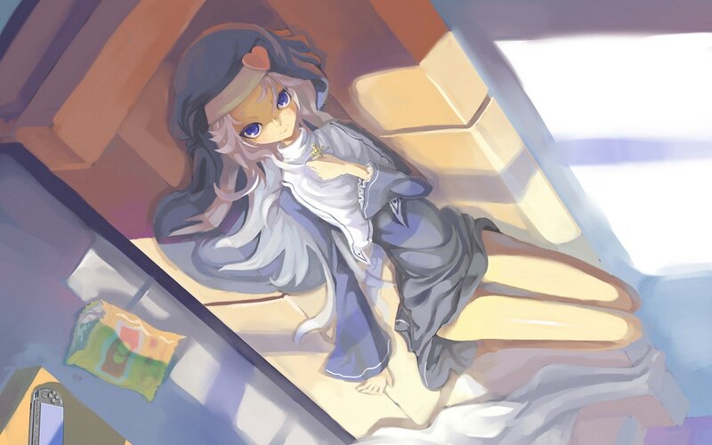 Anime Girl on Bed — Blue, Calm, Morning, Digital Art, Pillow