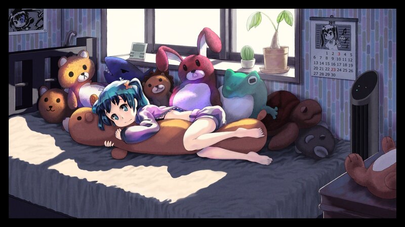 Anime Girl on Bed — Blue, Calm, Morning, Digital Art, Stuffed Animals