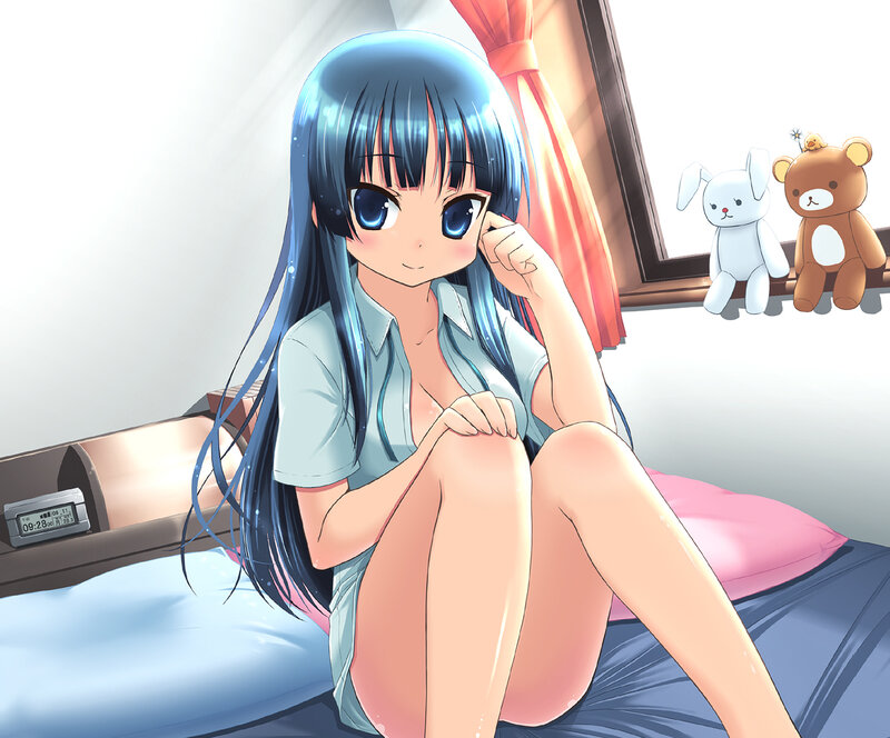 Anime Girl on Bed — Blue, Calm, Morning, Stuffed Animals