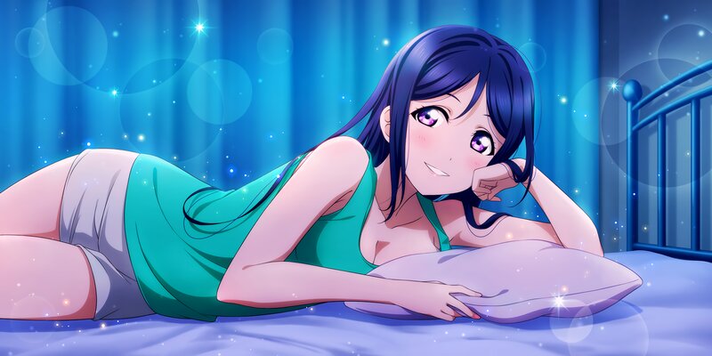 Anime Girl on Bed — Blue, Calm, Night, Pillow, Curtain
