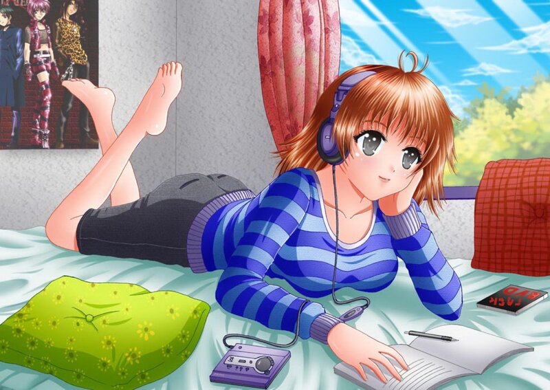 Anime Girl on Bed — Blue, Relaxed, Afternoon