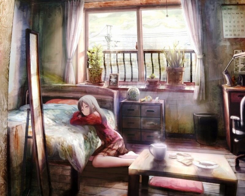Anime Girl on Bed — Brown, Calm