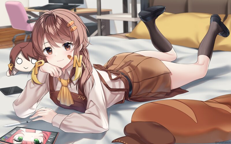 Anime Girl on Bed — Brown, Relaxed, Morning, Digital Art