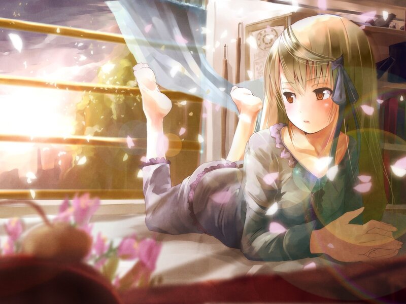 Anime Girl on Bed — Green, Serene, Morning