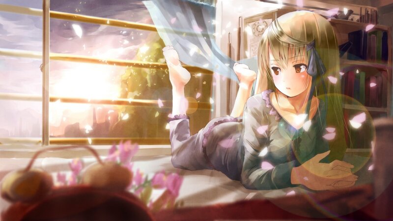 Anime Girl on Bed — Green, Serene, Sunset, Window