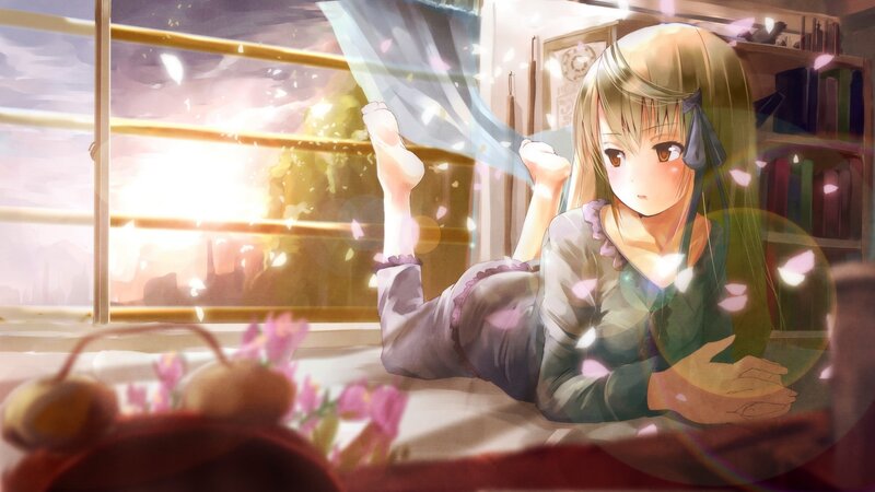 Anime Girl on Bed — Green, Serene