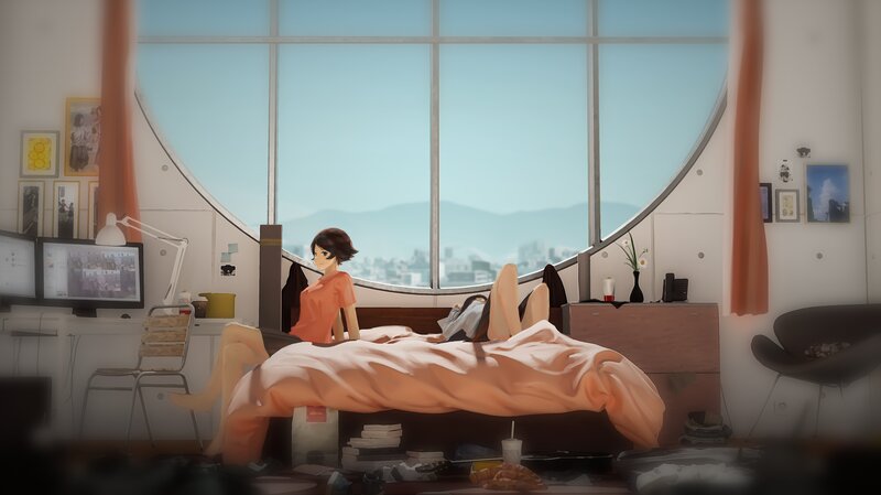 Anime Girl on Bed — Orange, Calm