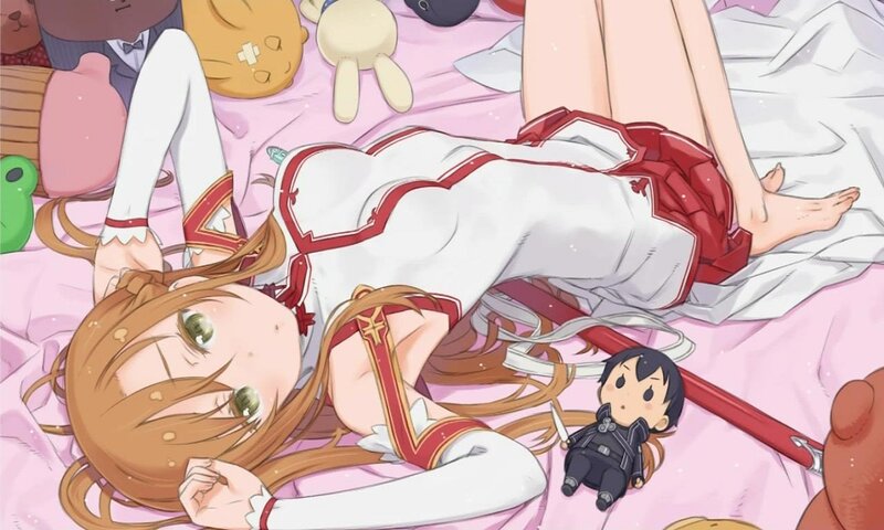 Anime Girl on Bed — Pink, Calm, Digital Art, Stuffed Animals