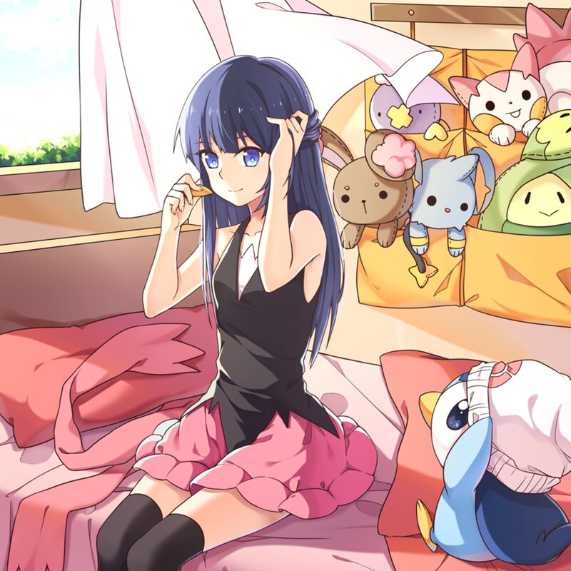Anime Girl on Bed — Pink, Calm, Morning, Stuffed Animals