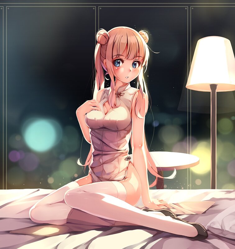Anime Girl on Bed — Pink, Calm, Night, Digital Art