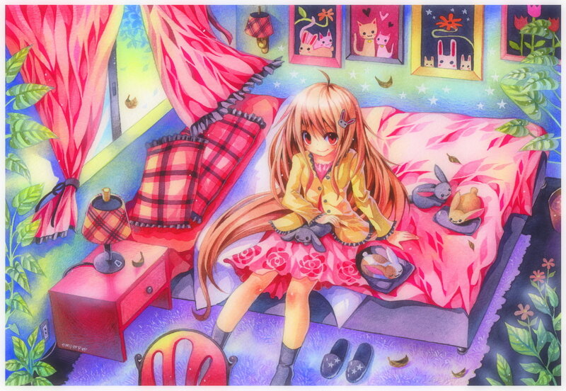 Anime Girl on Bed — Pink, Calm, Night
