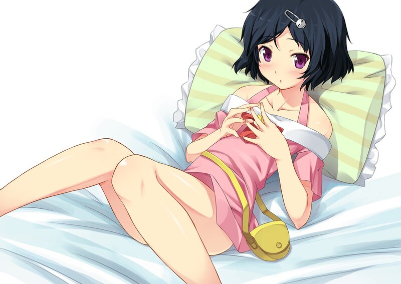 Anime Girl on Bed — Pink, Calm, Pillow, Handbag, White