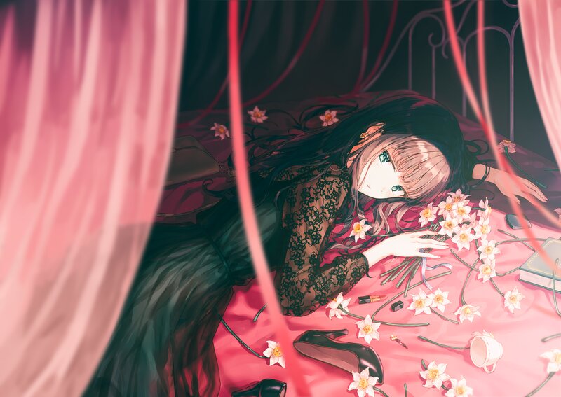 Anime Girl on Bed — Pink, Dreamy, Night, Digital Art