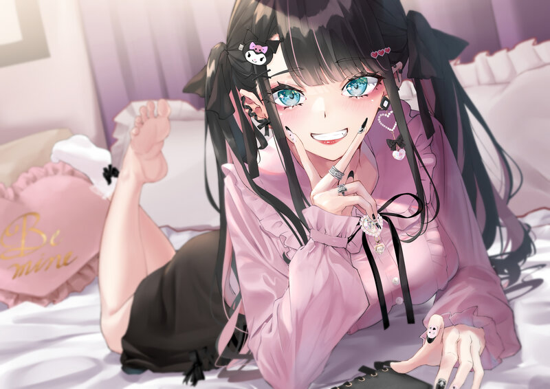 Anime Girl on Bed — Pink, Playful, Digital Art, Pillow