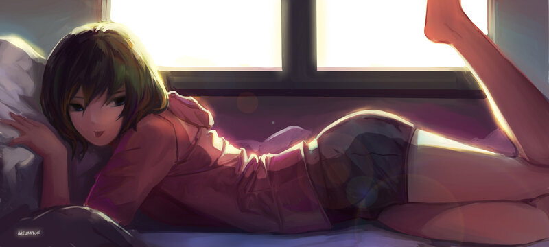 Anime Girl on Bed — Purple, Calm, Morning, Digital Art, Window