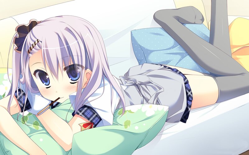 Anime Girl on Bed — Purple, Calm, Morning, Pillow, School Uniform, Blue
