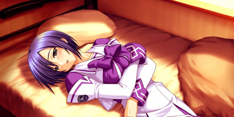 Anime Girl on Bed — Purple, Calm, Morning, Pillow