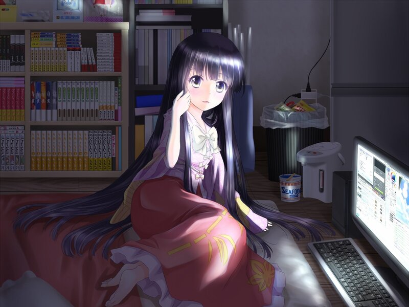 Anime Girl on Bed — Purple, Calm, Night, Digital Art, Bookshelf, Computer