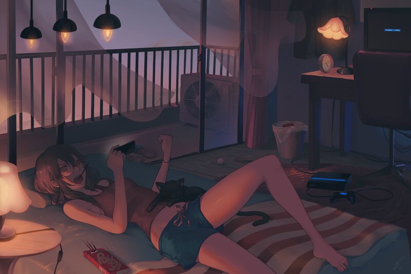 Anime Girl on Bed — Purple, Calm, Night, Digital Art, Cat