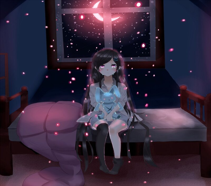 Anime Girl on Bed — Purple, Calm, Night, Digital Art, Stuffed Rabbit