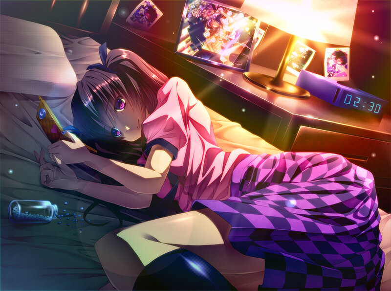 Anime Girl on Bed — Purple, Calm, Night, Digital Art