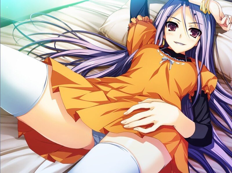 Anime Girl on Bed — Purple, Calm, Pillow, Long Hair