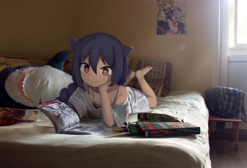 Anime Girl on Bed — Purple, Relaxed, Morning, Digital Art, Pillow