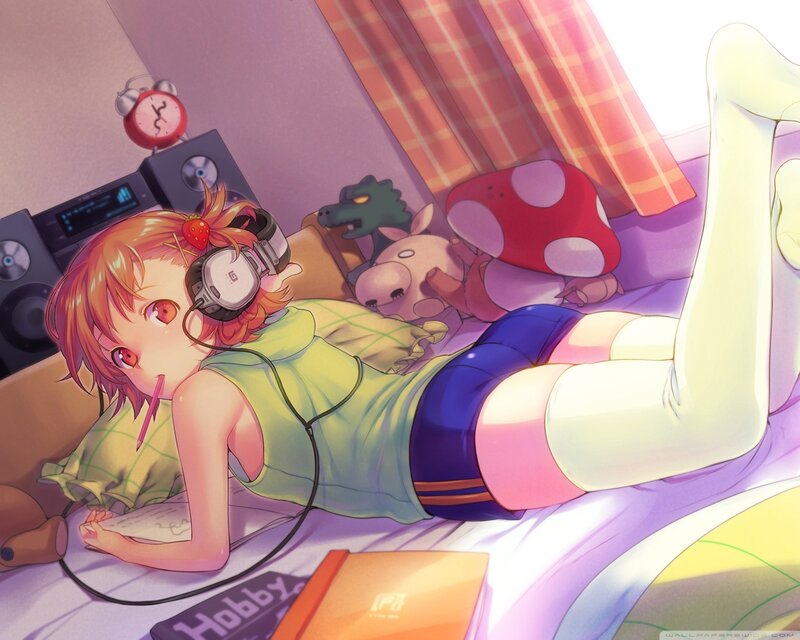 Anime Girl on Bed — Purple, Relaxed, Morning, Digital Art