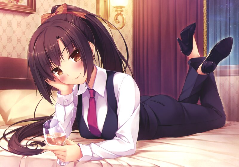 Anime Girl on Bed — Purple, Relaxed, Night, Wine Glass