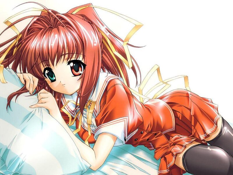 Anime Girl on Bed — Red, Calm, Pillow