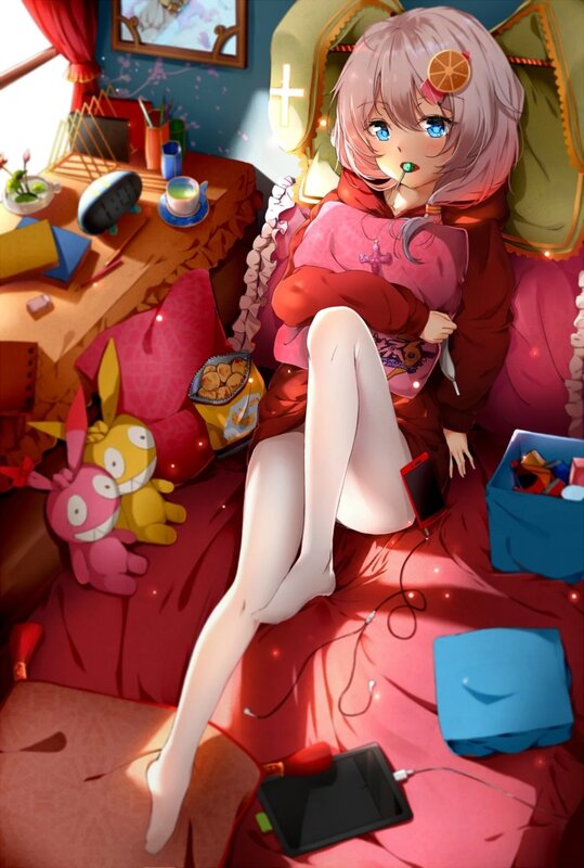 Anime Girl on Bed — Red, Cozy