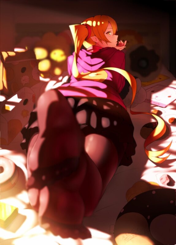 Anime Girl on Bed — Red, Dramatic, Afternoon