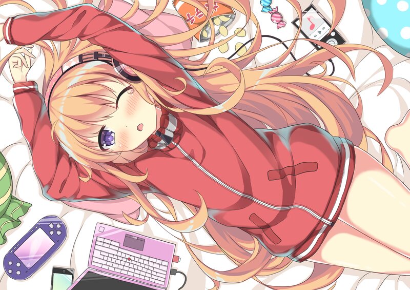 Anime Girl on Bed — Red, Relaxed, Laptop