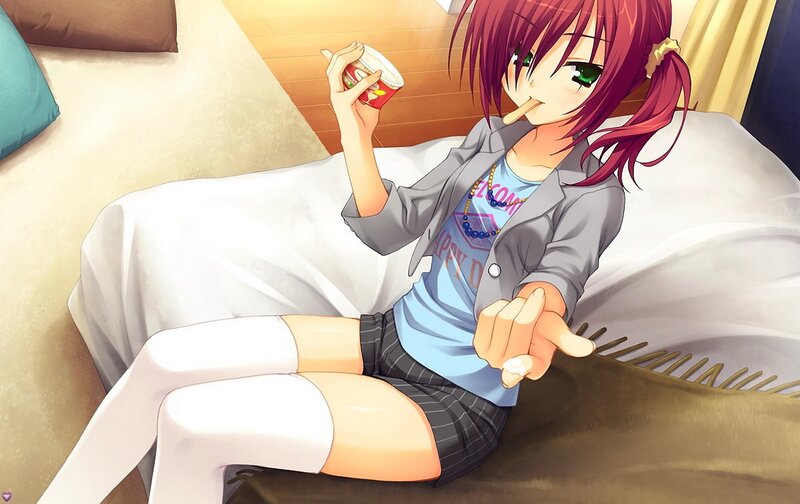 Anime Girl on Bed — Red, Relaxed
