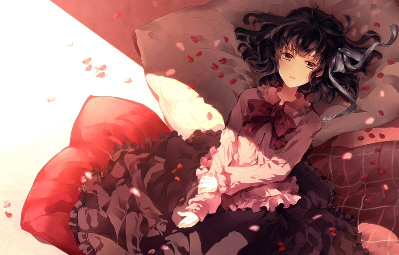 Anime Girl on Bed — Red, Serene
