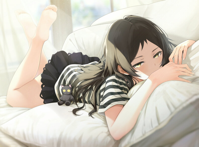 Anime Girl on Bed — White, Calm, Morning, Digital Art, Pillow