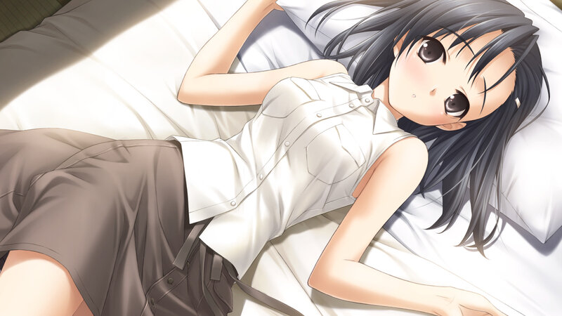 Anime Girl on Bed — White, Calm, Morning, Pillow, Shirt