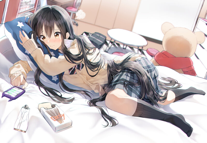Anime Girl on Bed — White, Relaxed, Morning, Digital Art