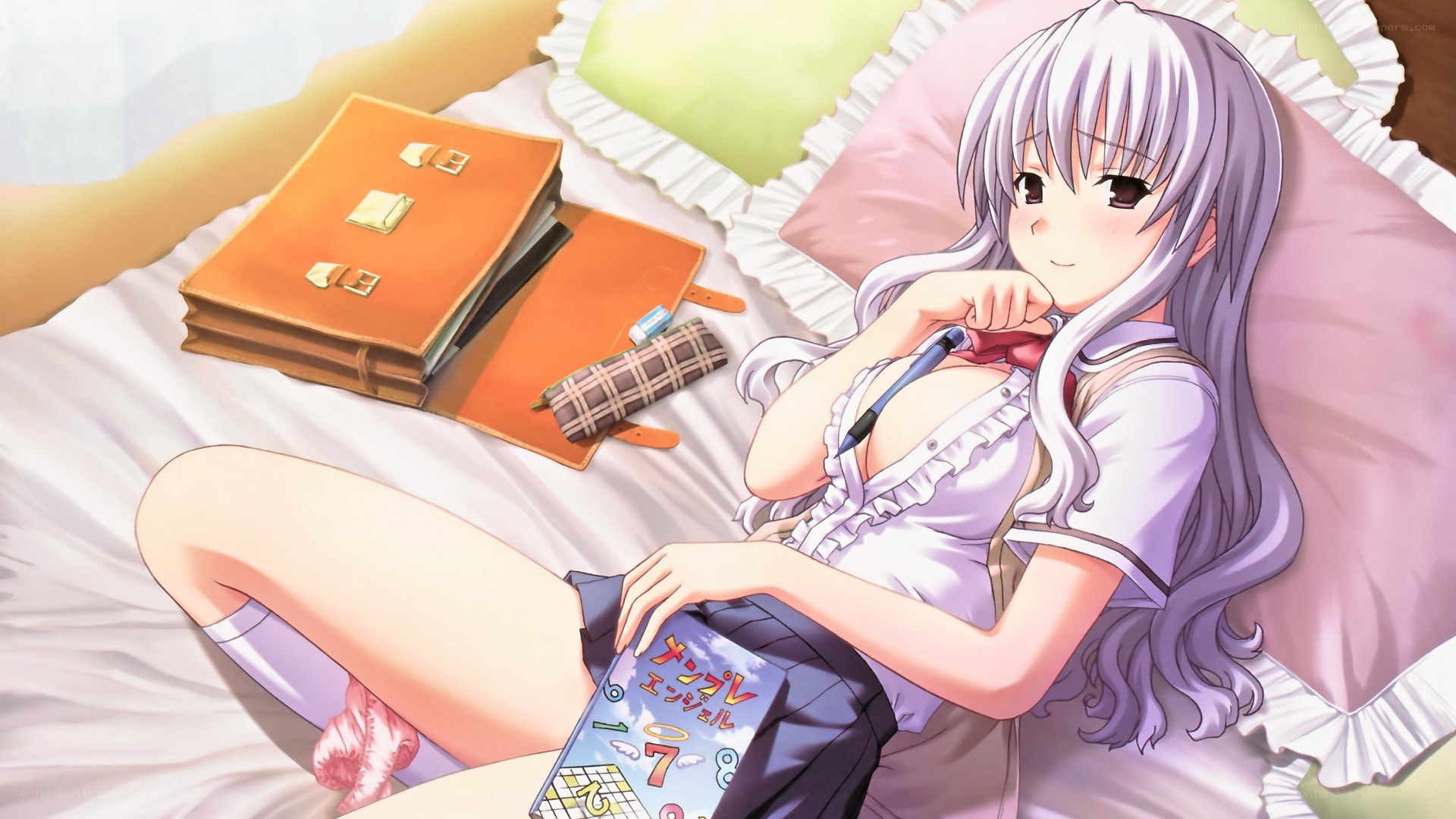 Anime girl on bed with book