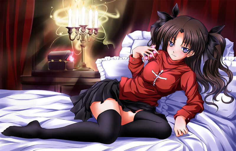 anime girl on bed with candles