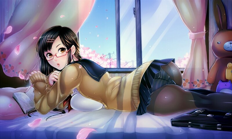 anime girl on bed with cherry blossoms